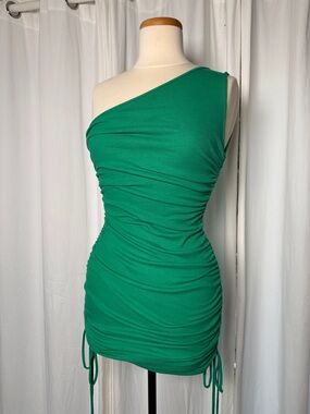 SHEIN Emerald One-Shoulder Ruched Mini Dress